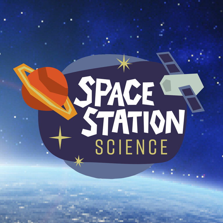 A logo that says Space Station science on top of a background showing the Earth from space